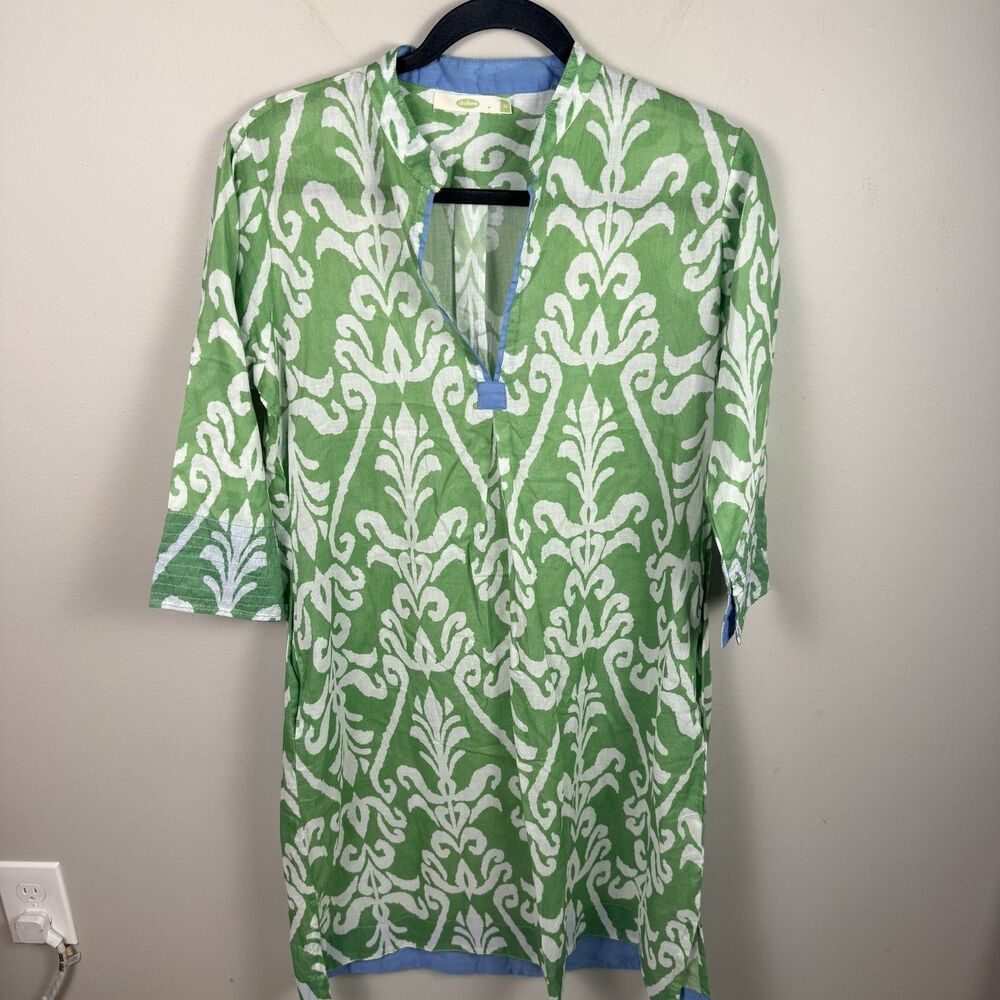 Dolma Lightweight 100% Cotton Dress Sz Medium Green Mini 3/4 Sleeve V Neck